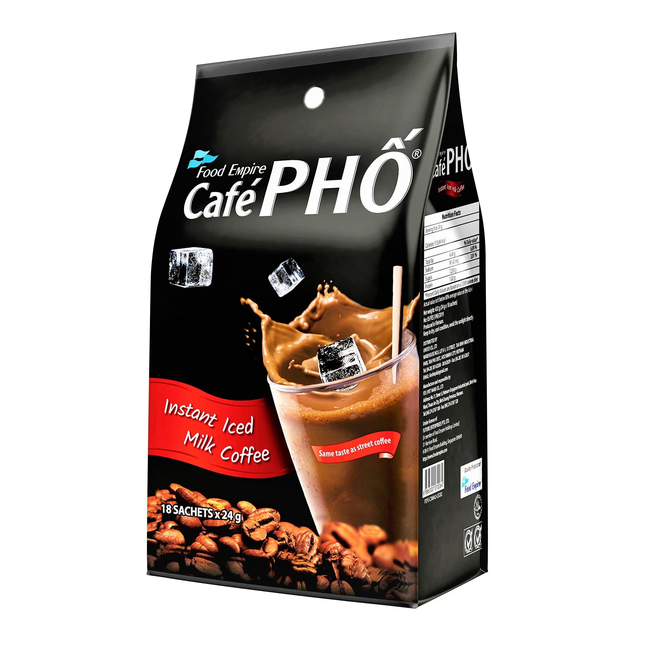 Cafe Pho Vietnamese 3in1 Instant Coffee Mix, Iced Milk Coffee, Cafe Sua Da, Single Serve Coffee Packets, Bag of 18 Sachets, Pack of 1