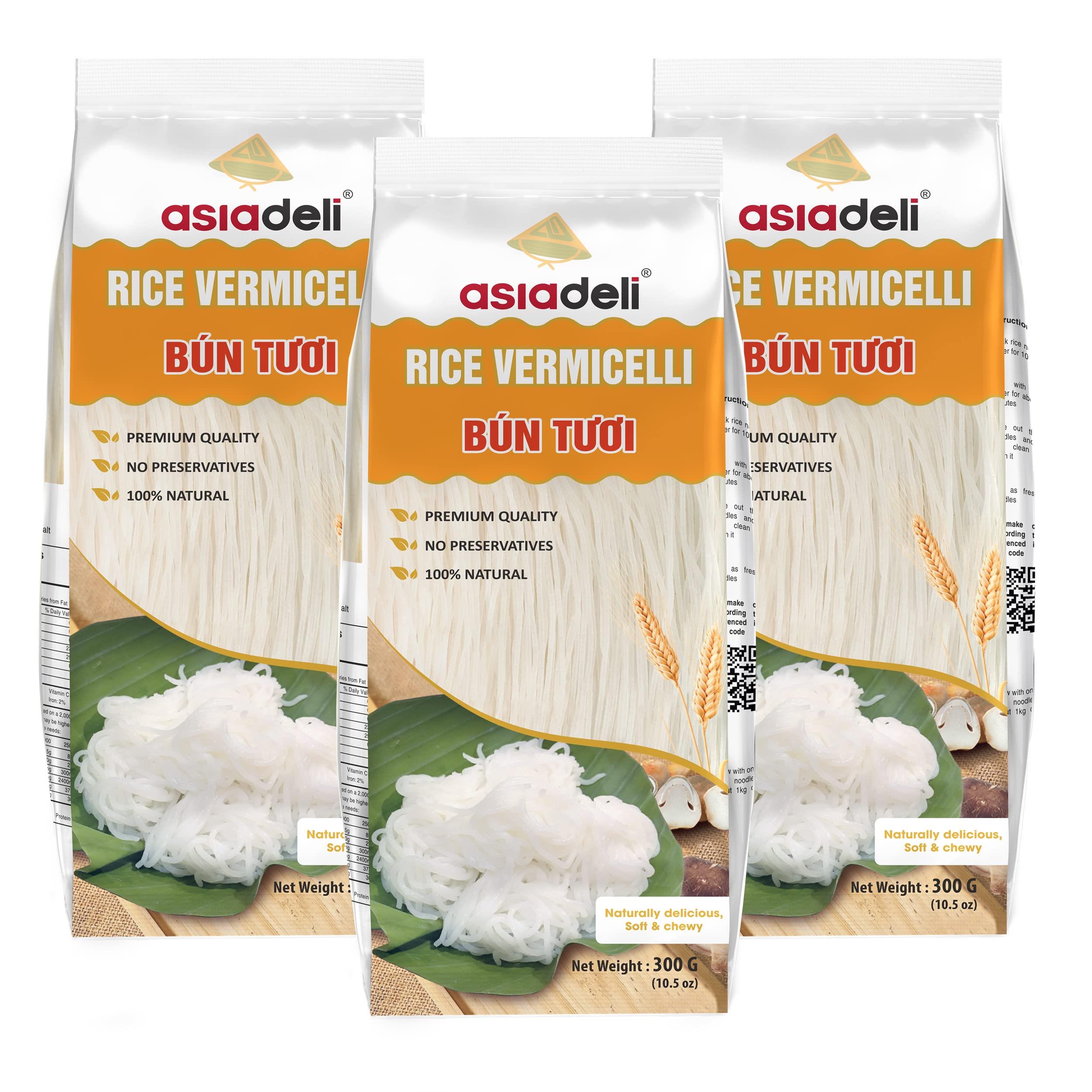 Asiadeli Rice Vermicelli, Premium Rice Noodles, Vietnamese Bun Tuoi for Asian Food - 10.5 oz. (Pack of 3 Bags)