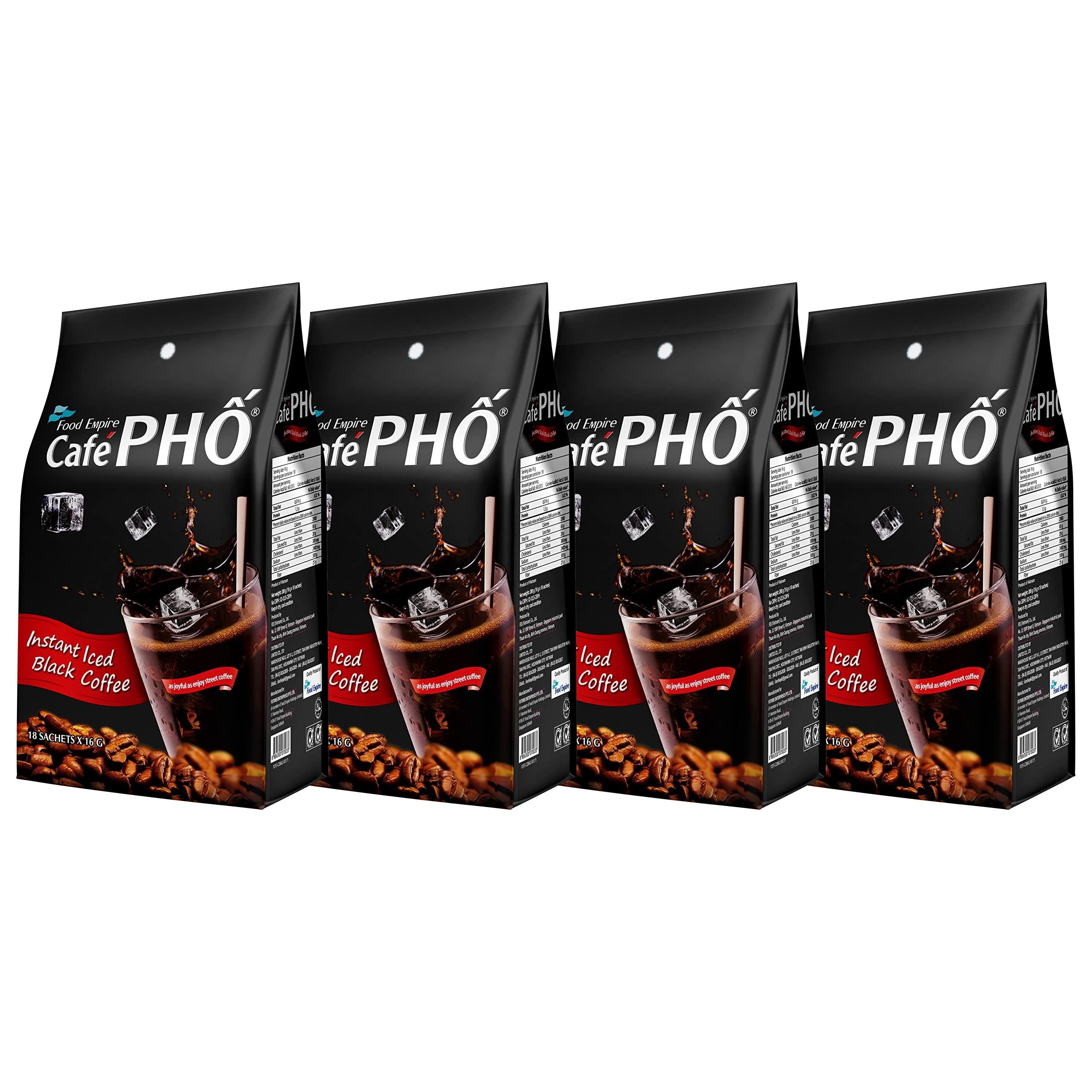 Cafe Pho Vietnamese Instant Coffee Mix, Iced Black Coffee, Cafe Den Da, Single Serve Coffee Packets, Bag of 18 Sachets, Pack of 4