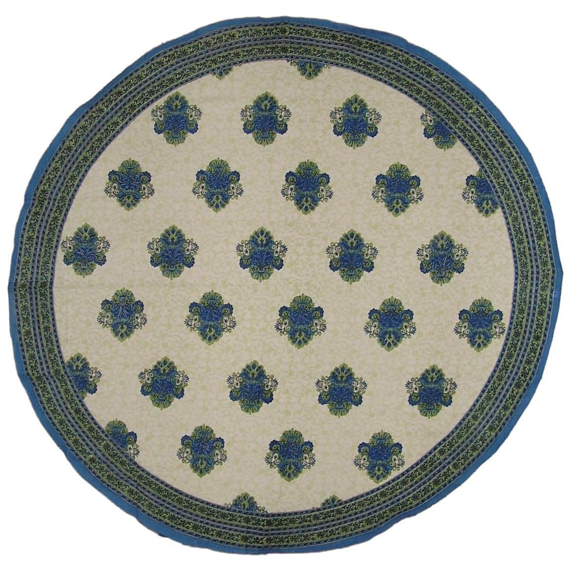 India Arts Mediterranean Style Round Cotton Tablecloth 88" Blue and Green
