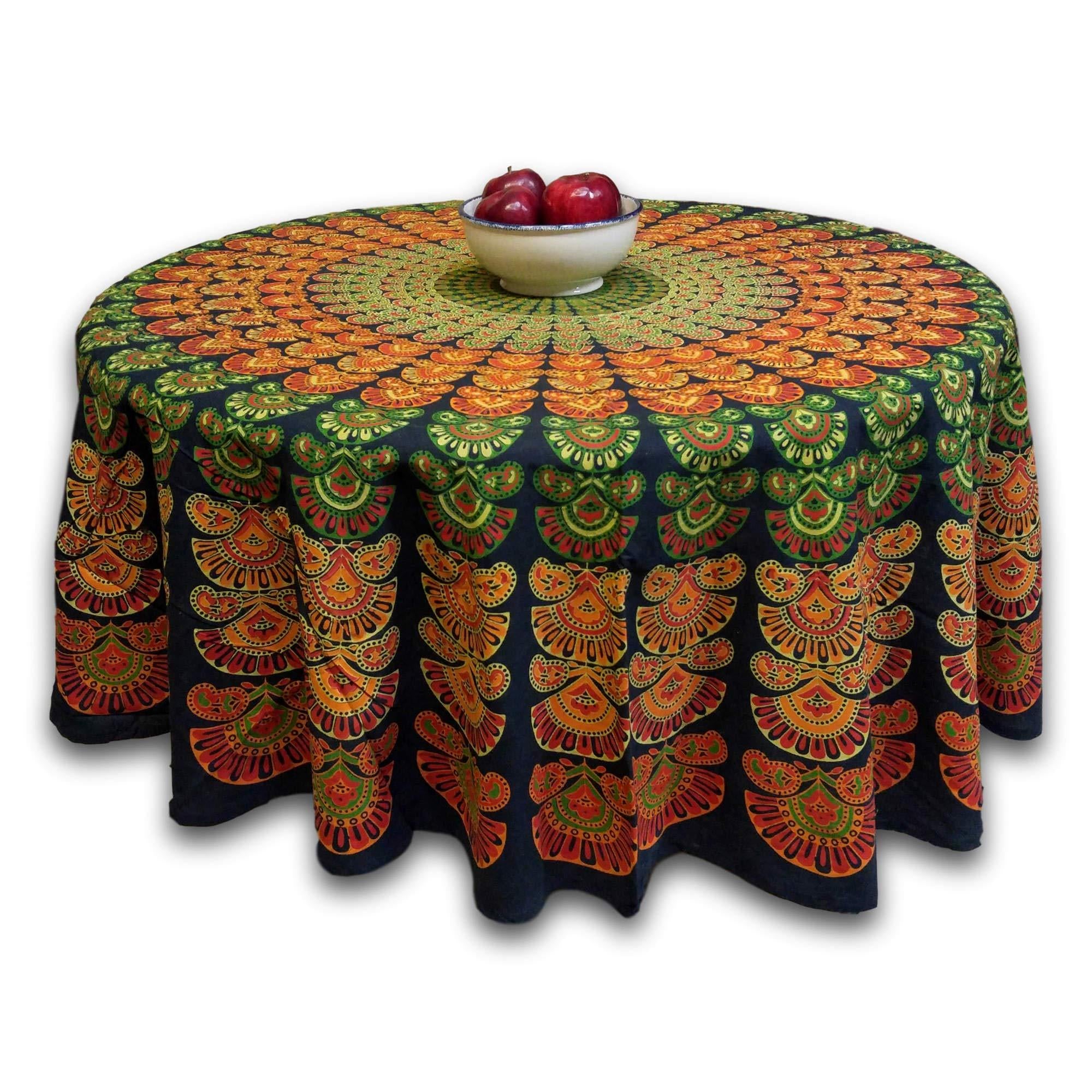 Handmade Cotton Sanganer Peacock Mandala Floral Tablecloth Round 72 Inch Green