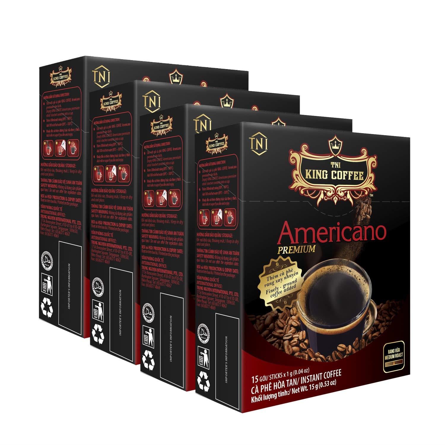 KING COFFEE INSTANT AMERICANO Premium 15 sticks x 1g | Medium-roasted Vietnamese Coffee| Mild acidity | Finely-ground roasted coffee - Pack of 4