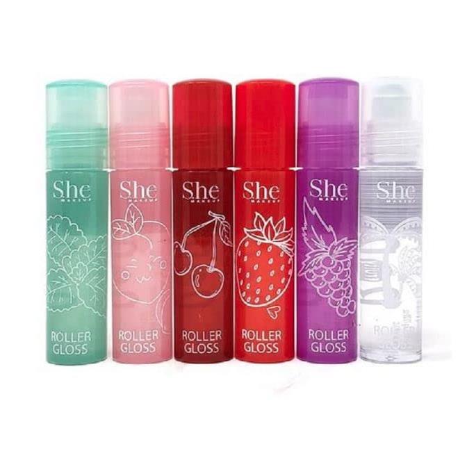 Fruity-Pop Roller Gloss by S.he Makeup Smooth Glass Like Shine Lip Glosses, Complete Set of All 6 Flavor Scents 0.22oz 6.3g Clear