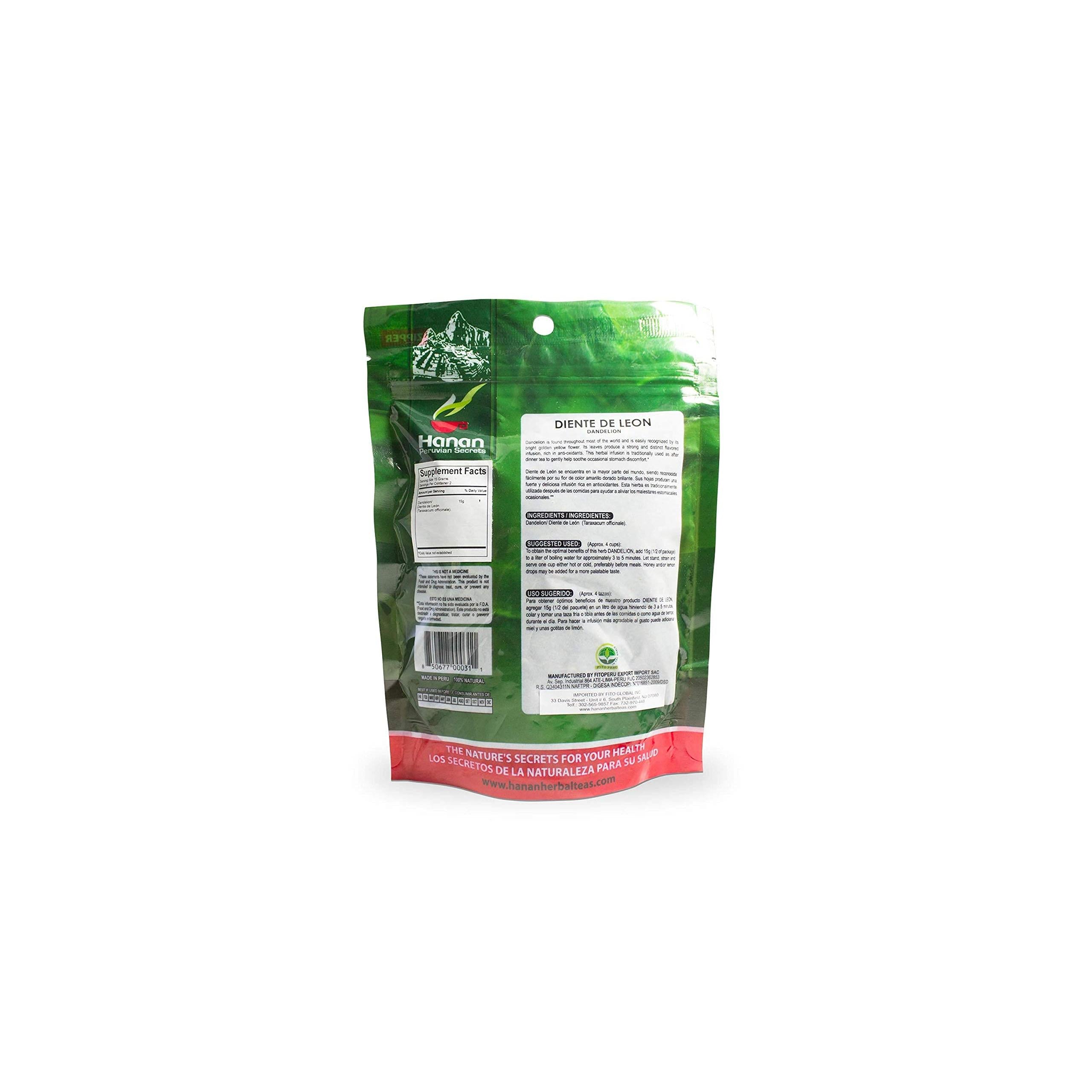 Hanan Peruvian Secrets Diente De Leon Herbal Tea | 100% Natural Dandelion Leaves | 1.06oz / 30g | Naturally Supports Healthy Digestion | Soothes Occasional Stomach Discomfort -3 Pack