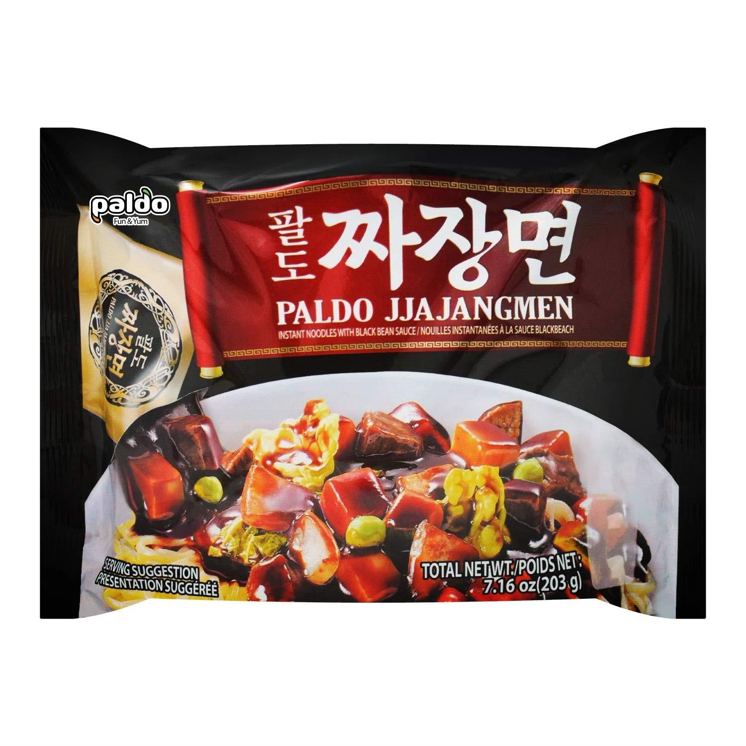 Paldo Fun & Yum Jjajangmen Instant Noodles, Pack of 8, Brothless Chajang Ramen with Savory & Sweet Black Bean Sauce, Best Oriental Style Korean Ramyun, Soupless K-Food, 팔도 짜장면 203g x 8