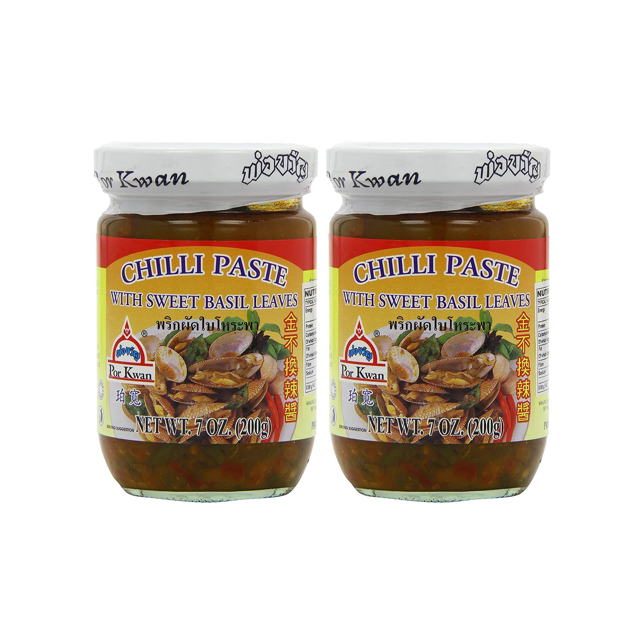 Por Kwan Thai Chili Paste with Sweet Basil Leaves (2 Pack, Total of 14oz)