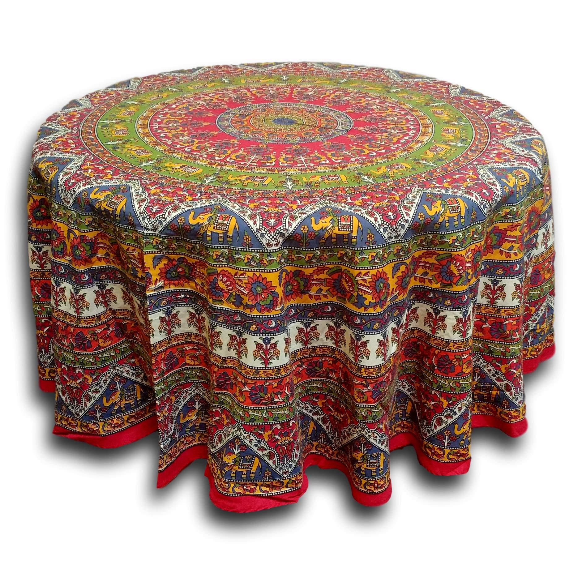 India Arts Elephant Mandala Floral Print Red Tablecloth Round for Dining and Kitchen Cotton Table Linen Red Green Blue