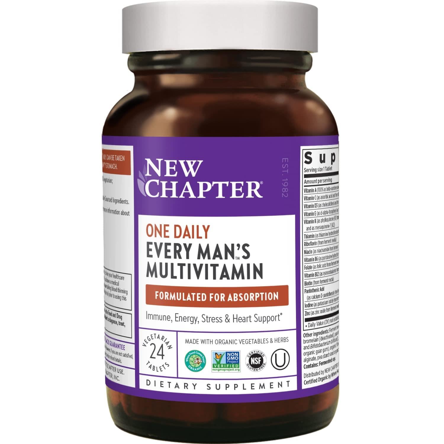 New Chapter Men’s Multivitamin + Immune, Energy & Stress Support – Every Man’s One Daily with Fermented Probiotics & Whole Foods + Vitamin D3 + Vitamin B6 & B12 + Organic Non-GMO Ingredients - 24 ct