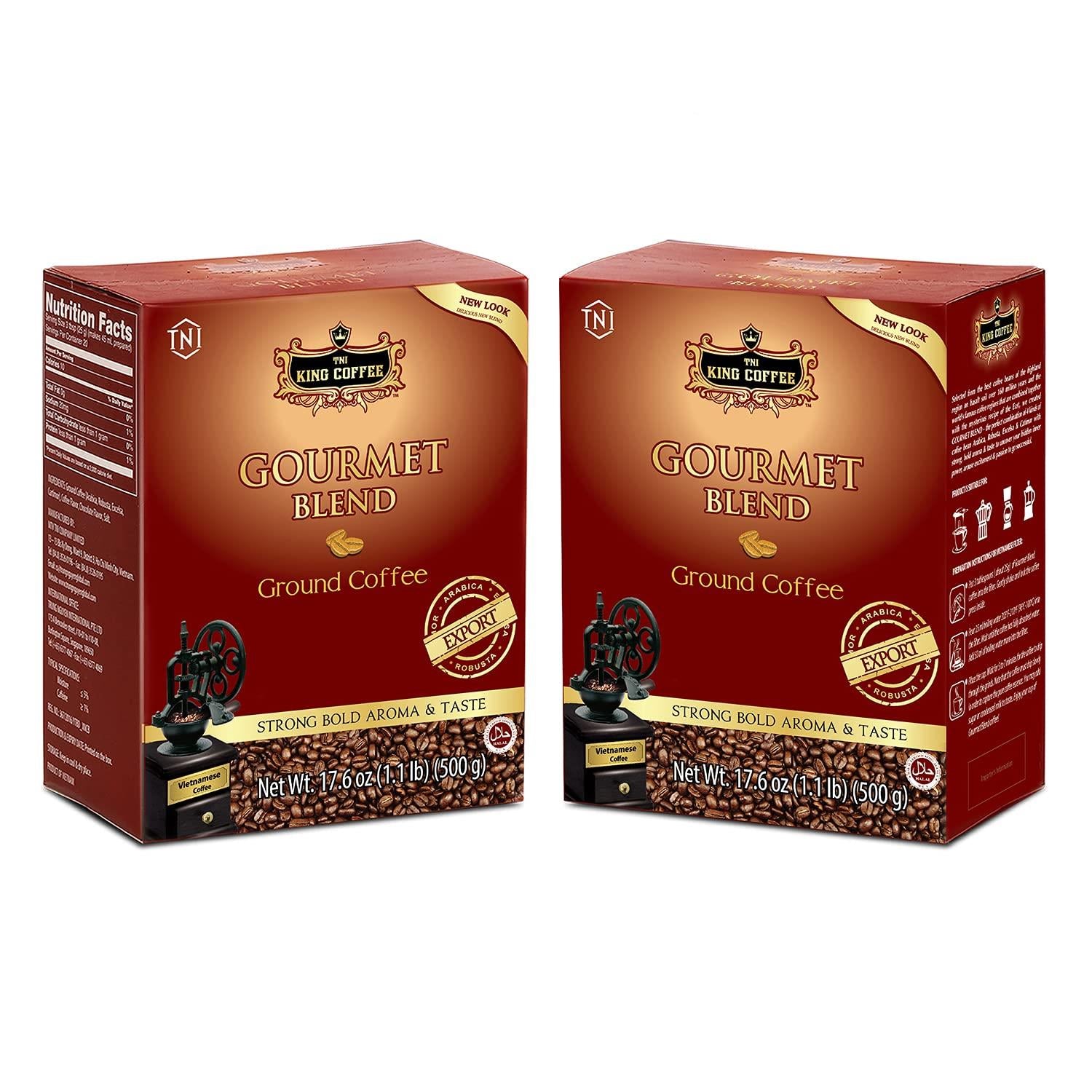 TNI King Coffee Gourmet Blend Premium, Vietnamese Ground Coffee 500g (17.6 oz), Arabica Robusta Roast, Strong, Bold Aroma & Taste, Pack of 2