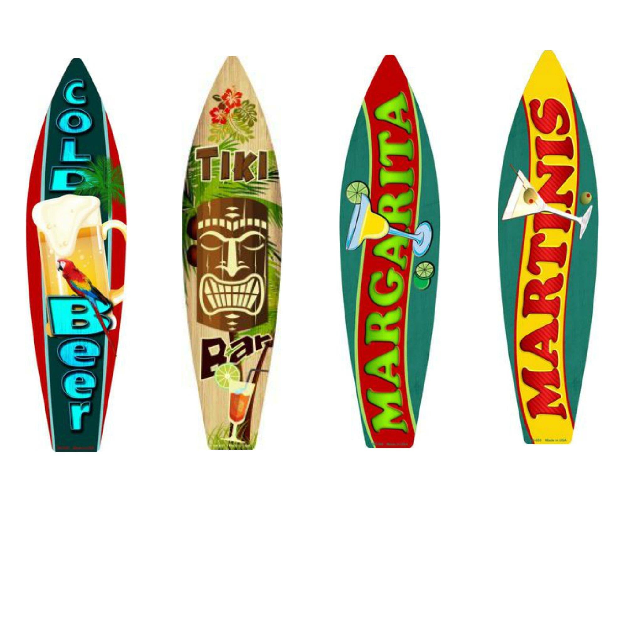 Bundle: Surfboard Wall Art Decor, Metal Drinks Beach Signs - Cold Beer Surfboard Sign, Tiki Bar Surfboard Sign, Margarita Surfboard Sign & Martinis Surfboard Sign
