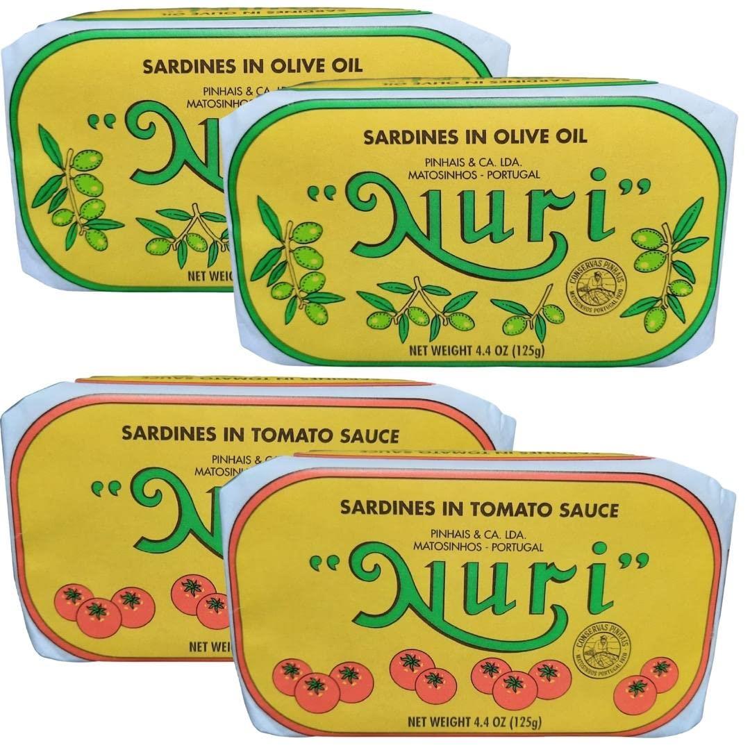 NURI Portuguese Sardines Variety Pack | 4 Pack | Two of Each | Olive Oil | Tomato and Olive Oil