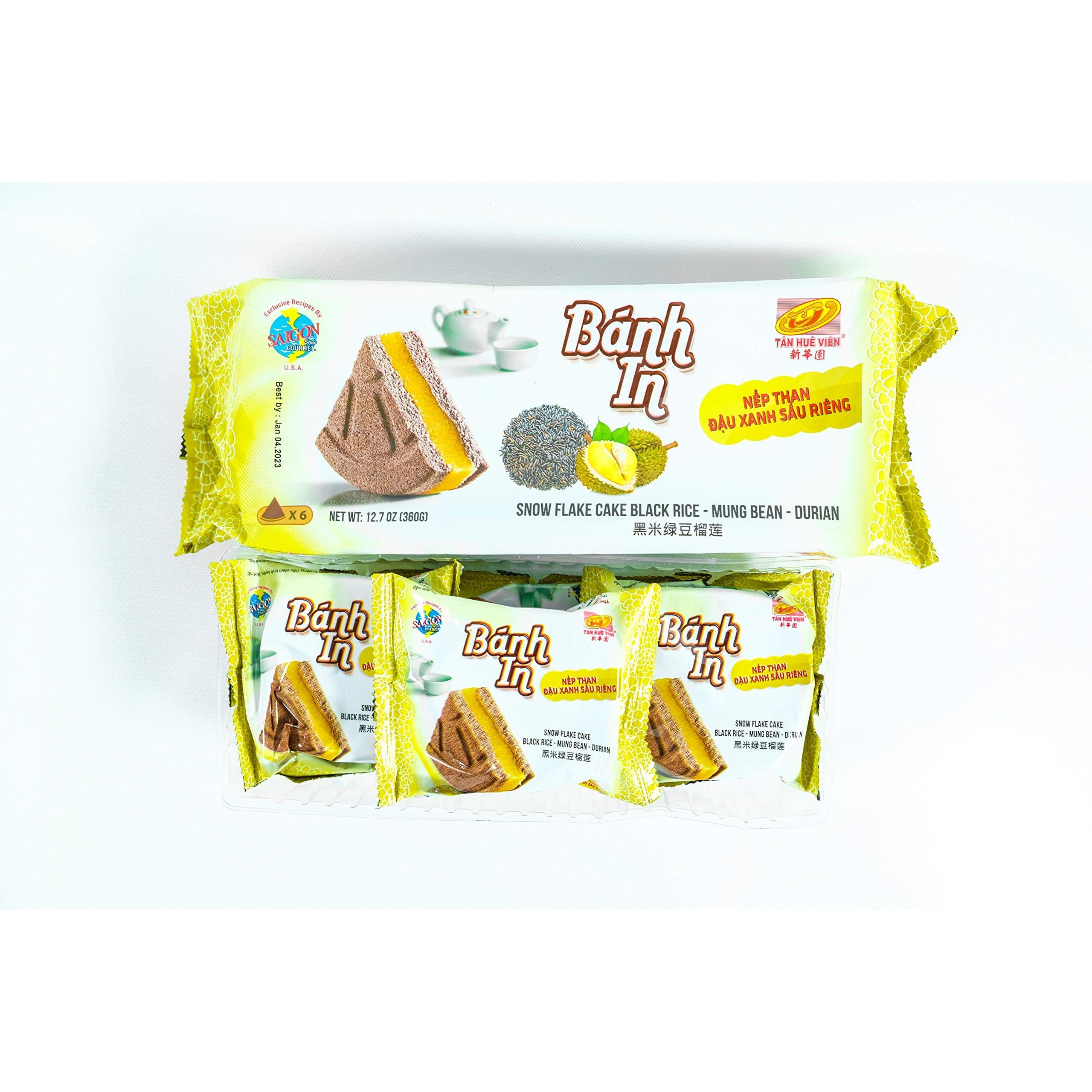 Banh In Viet Nam Nep Than Snow Flake Cake Tan Hue Vien - Saigon Gourmet, Black Rice, Mung Bean & Durian Flavor, 12.7 Oz, [Pack of 1]