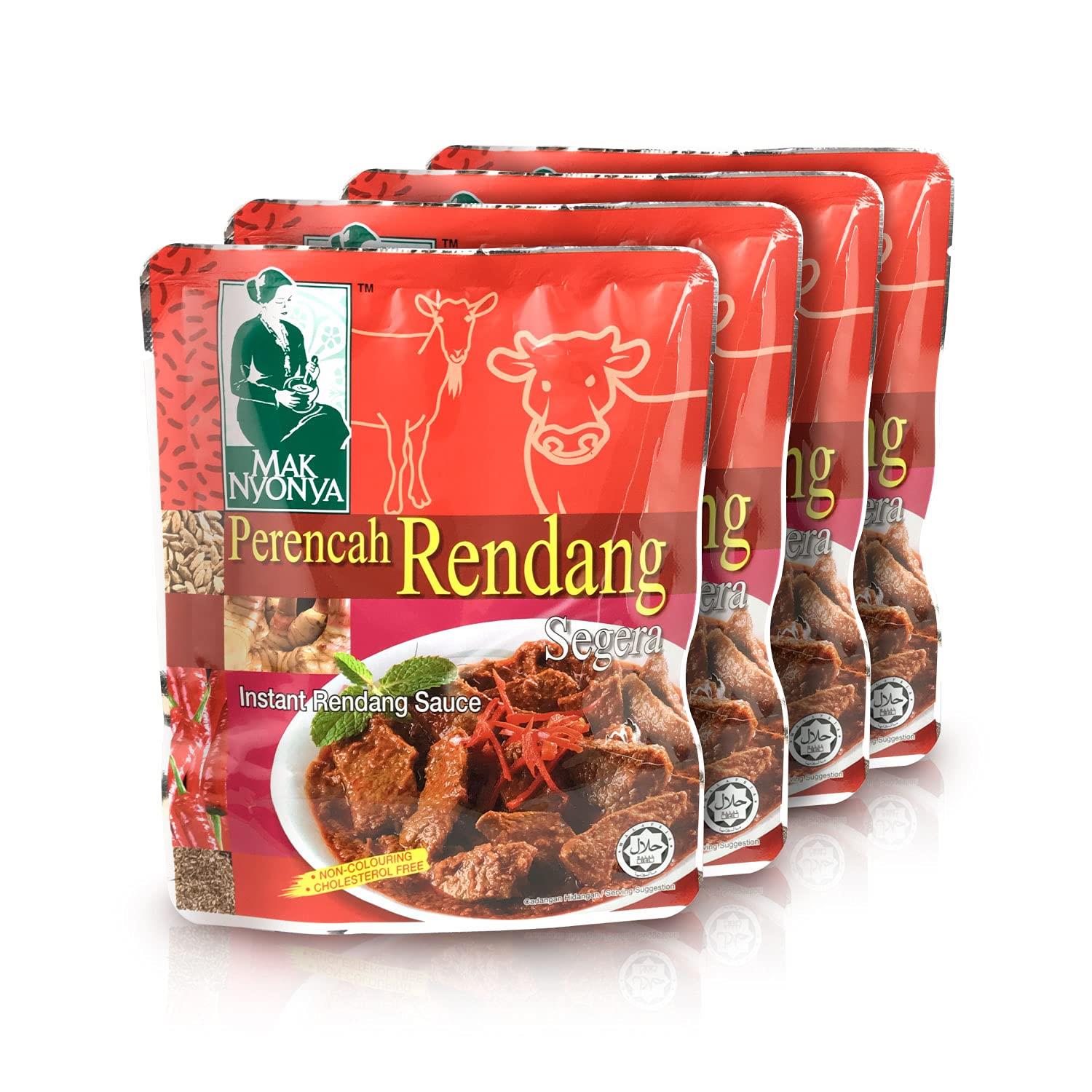 Mak Nyonya Instant Rendang Sauce For Beef/Chicken X4 Dry Curry Paste Authentic Rendang Instant Curry Sauce For Beef Chicken Vege Fish Seafood & Other Meat Item 7oz each, 200g