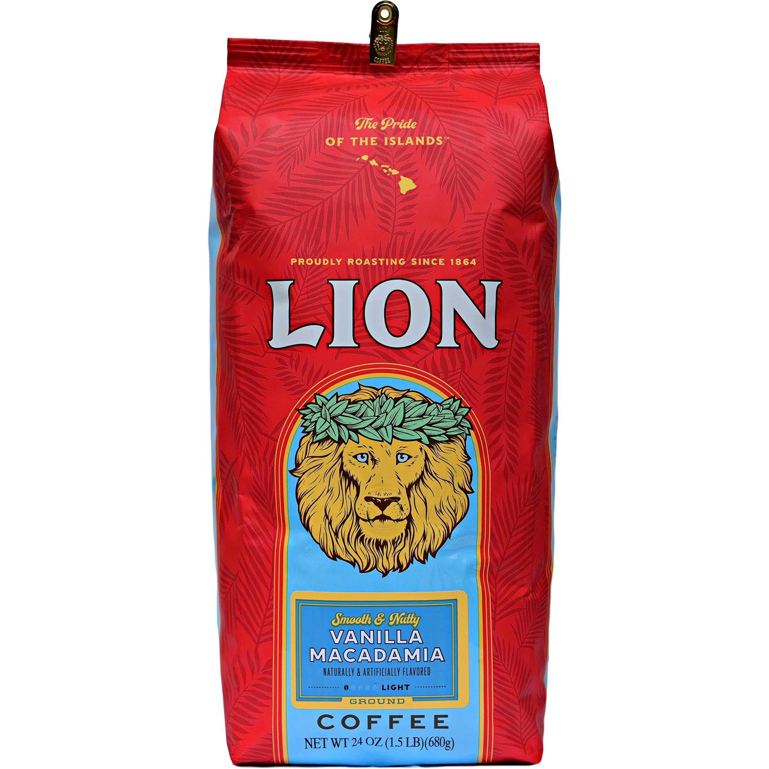 Lion Coffee, Vanilla Macadamia Flavor Light Roast - Ground Coffee, 24 Ounce Bag