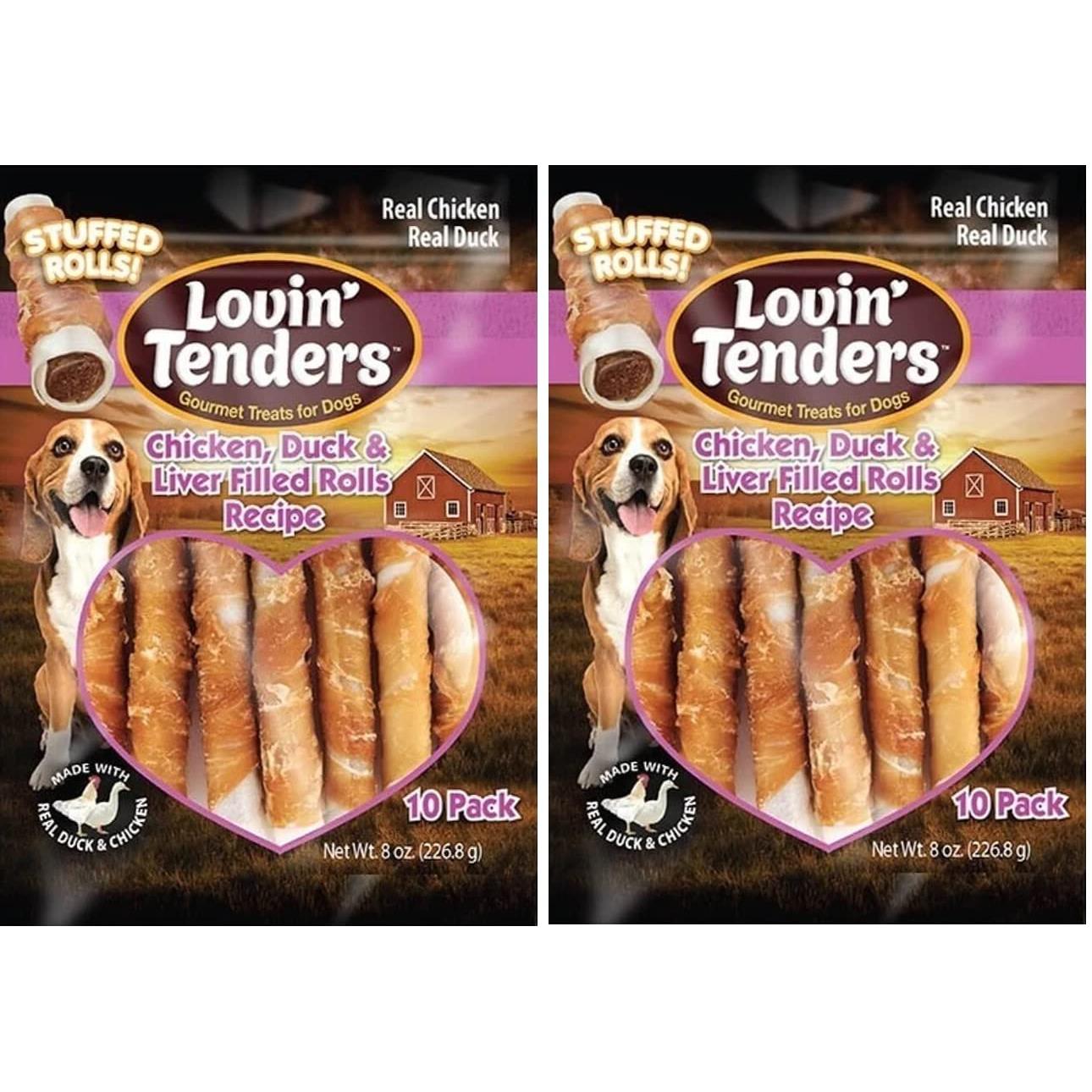 Lovin' Tenders Real Chicken Stuffed Rawhide Rolls Dog Treat (Chicken, Duck, Liver, and Sweet Potato, 2 Pack - 20 Rolls)