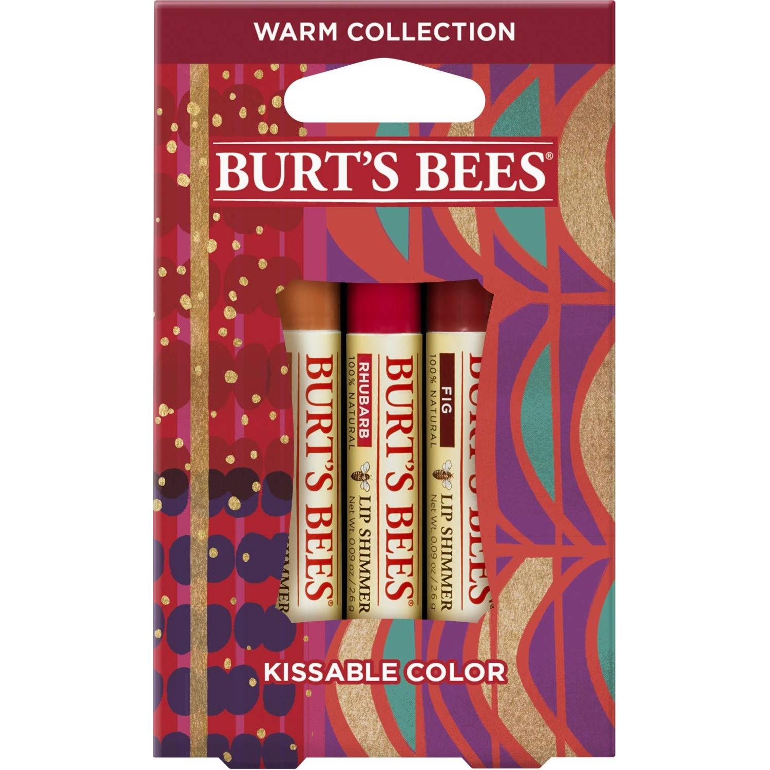 Burt's Bees Kissable Color Holiday Gift Set, 3 Lip Shimmers in Gift Box, Warm Collection in Peony, Fig & Rhubarb