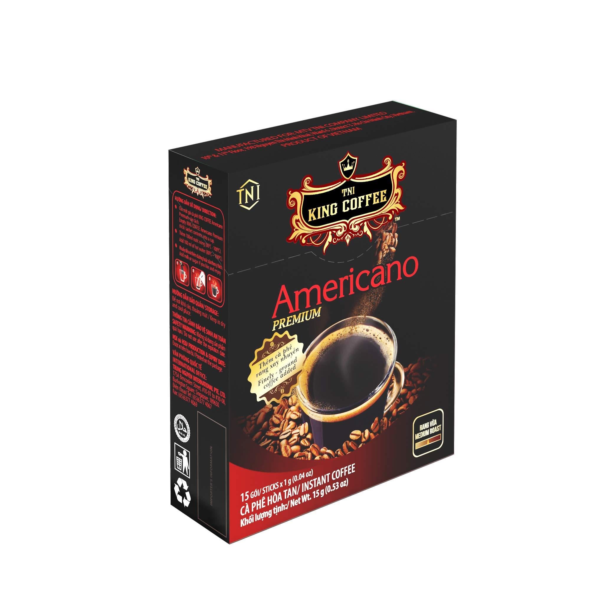 TNI King Coffee Americano Premium, Medium Roast Vietnamese Coffee, Finely-ground, Mild acidity, 15 sticks x 1g (0.04oz), Pack of 1