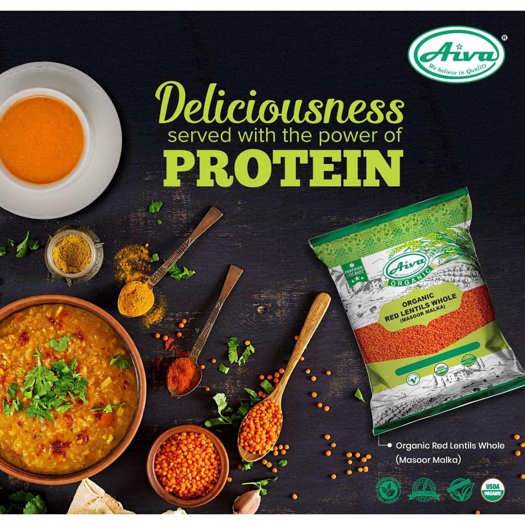 AIVA Organic Red Lentils Whole 2 LB - Washed | NO Husk (Dry Lentils, Non-GMO, Kosher, Raw, Masoor Malka Bulk)