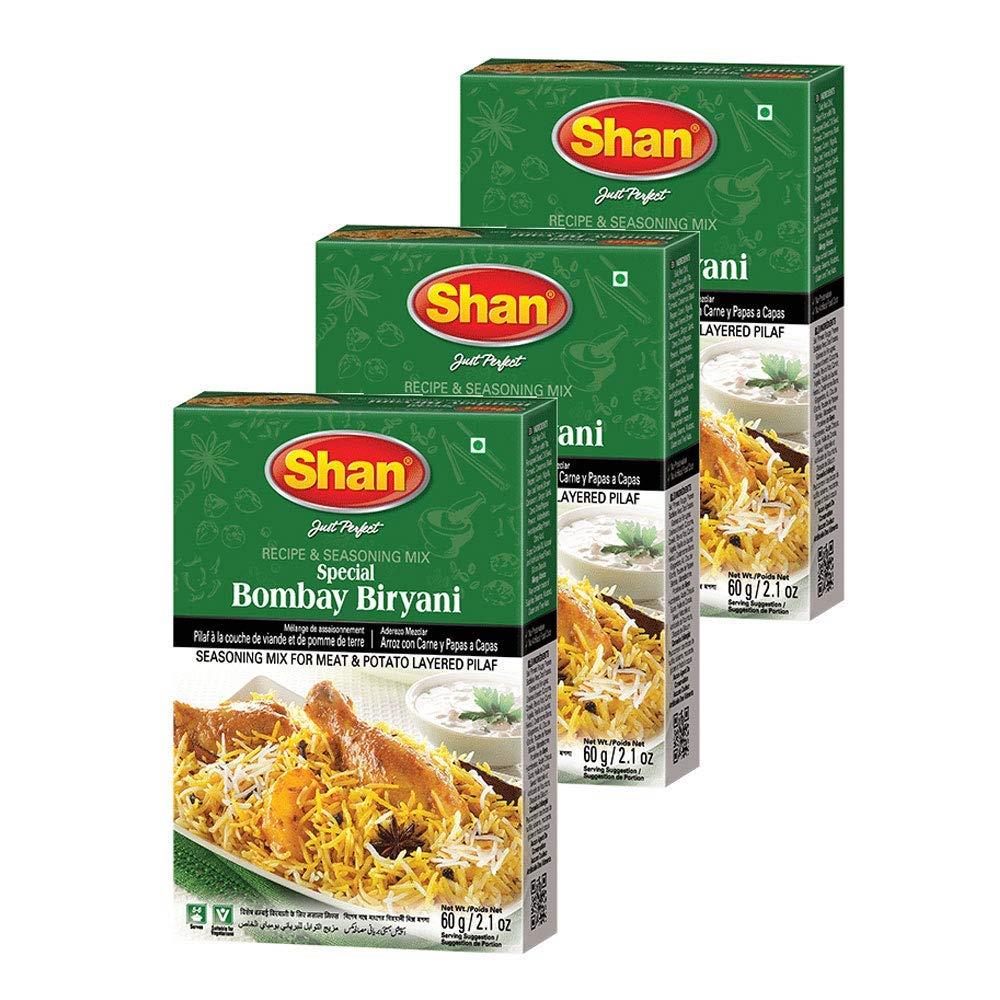Shan Bombay Biryani Recipe and Seasoning Mix 2.11 oz (60g), Spice Powder for Meat and Potato Layered Pilaf, Suitable for Vegetarians (Pack of 3)