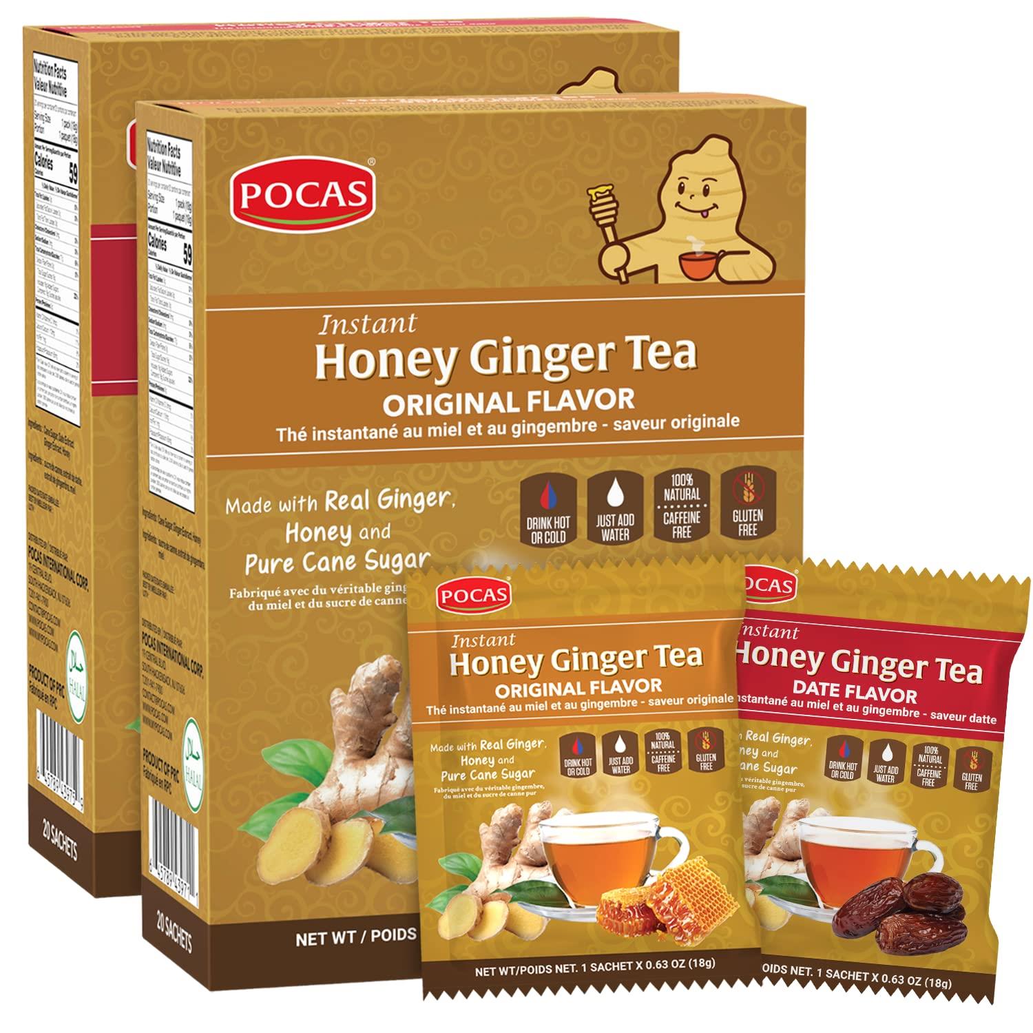 Pocas Honey Ginger Tea Variety Set - Instant Tea Powder Packets, Ginger Honey Crystals Tea, Original & Date Flavors, Non-GMO/Gluten Free/Caffeine Free Tea, 20 Count (Pack of 2)