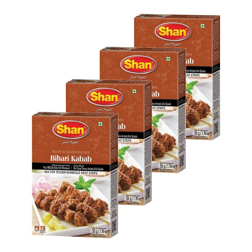 Shan Bihari Kabab Recipe and Seasoning Mix 1.76 oz (50g), Spice Powder for Tender Barbecue Meat Strips, Airtight Bag in a Box (Pack of 4)