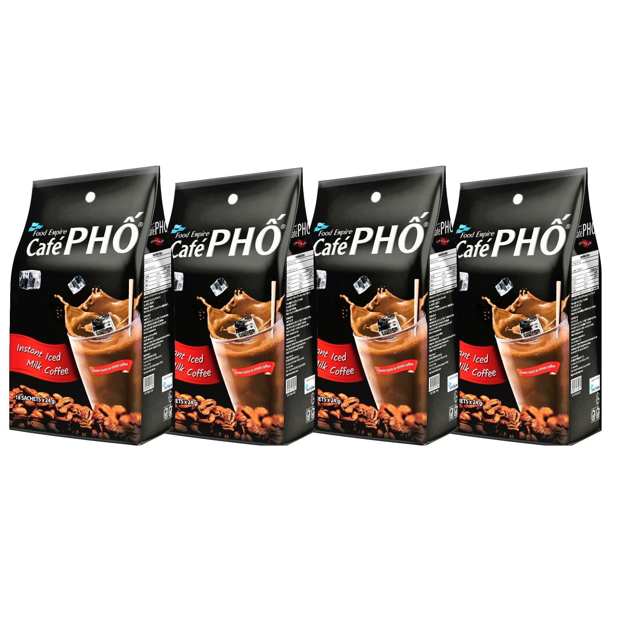 Cafe Pho Vietnamese 3in1 Instant Coffee Mix, Iced Milk Coffee, Cafe Sua Da, Single Serve Coffee Packets, Bag of 18 Sachets, Pack of 4