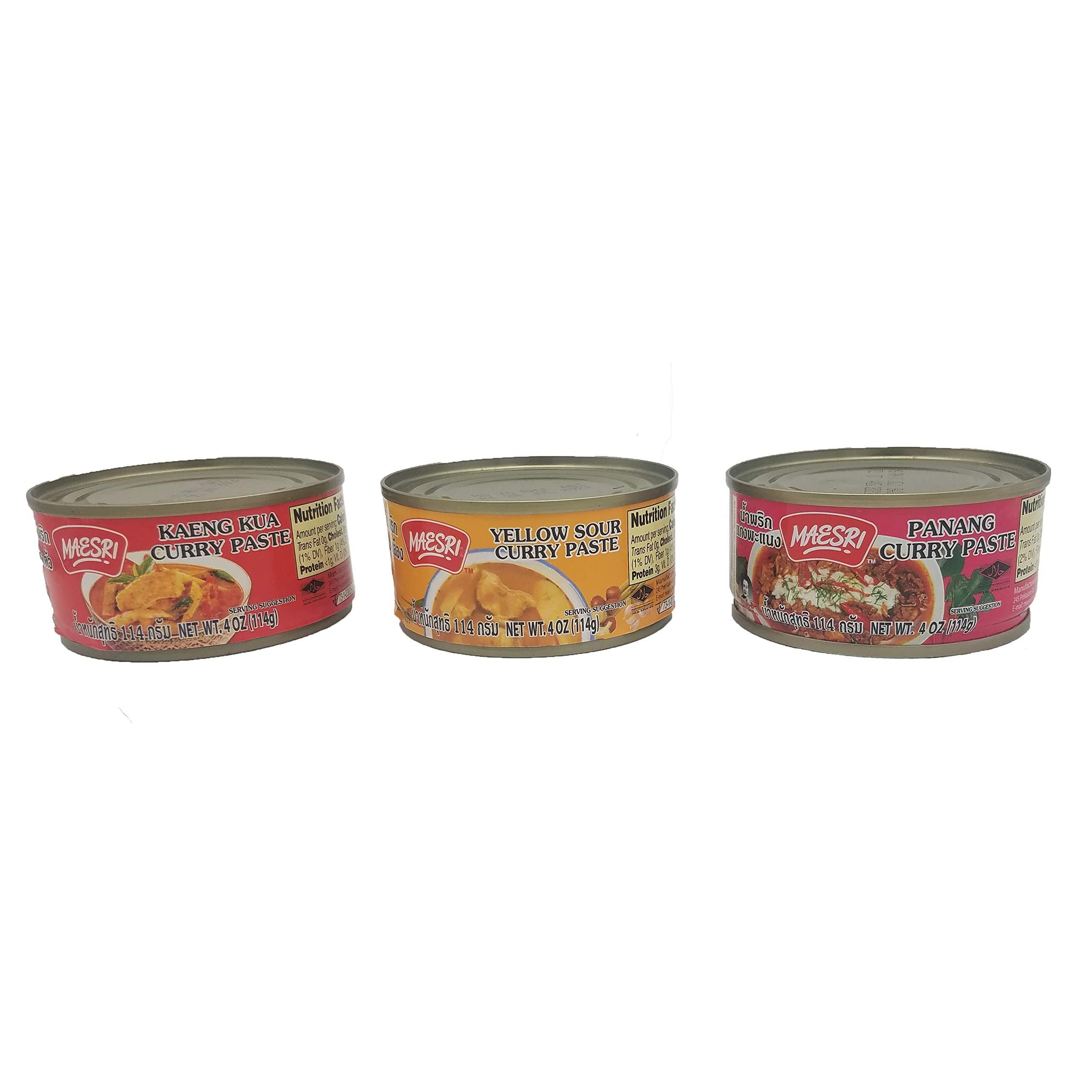 Maesri Curry Paste Variety Pack - Yellow, Panang and Kaeng Kua - Thai Paste Curry Assortment - One Can Each Flavor
