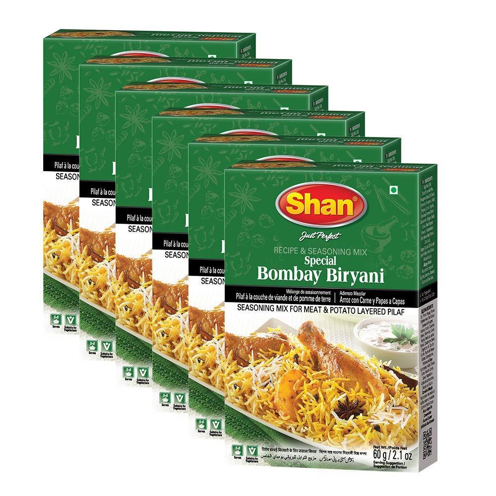 Shan Bombay Biryani Recipe and Seasoning Mix 2.11 oz (60g), Spice Powder for Meat and Potato Layered Pilaf, Suitable for Vegetarians (Pack of 6)
