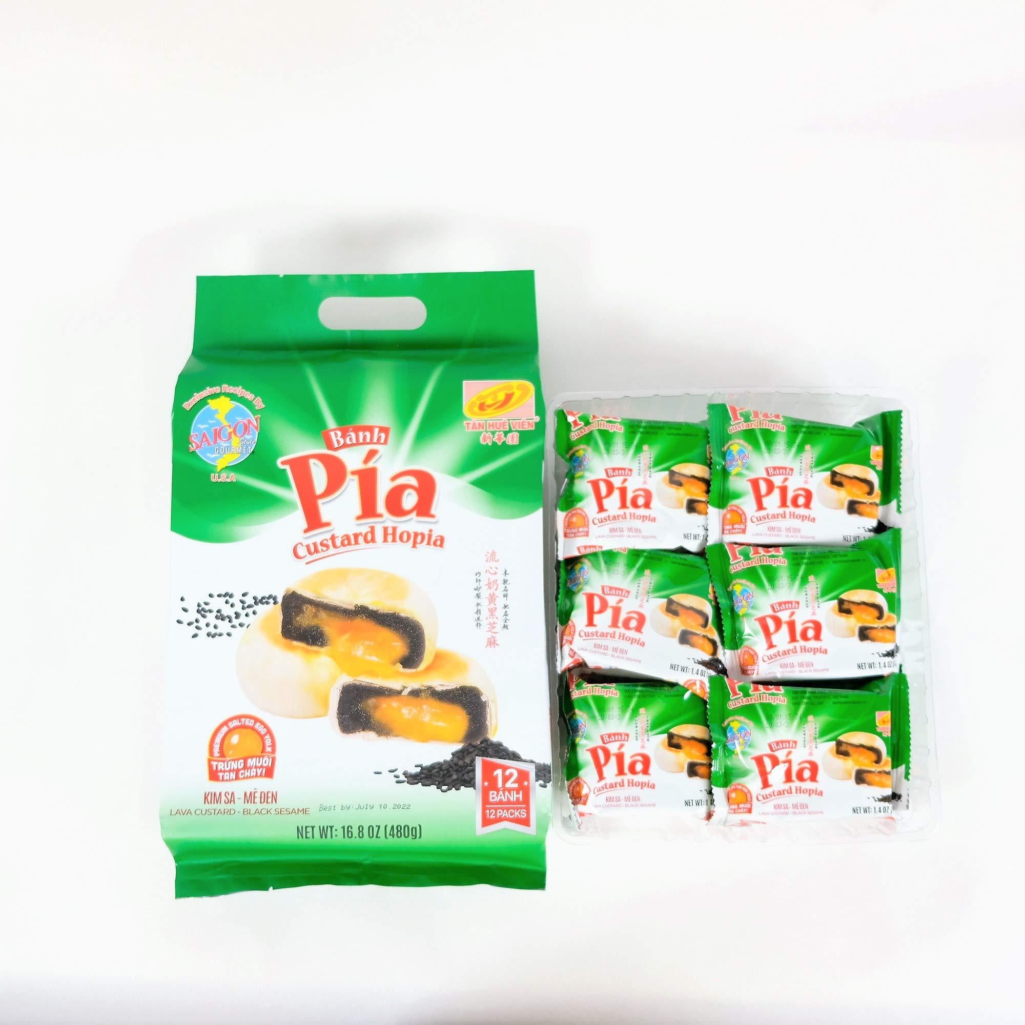 Banh Pia Pia Cake Lava Custard Hopia Cake Tan Hue Vien - Saigon Gourmet, Black Sesame, 16.8 Oz, [Pack of 1]