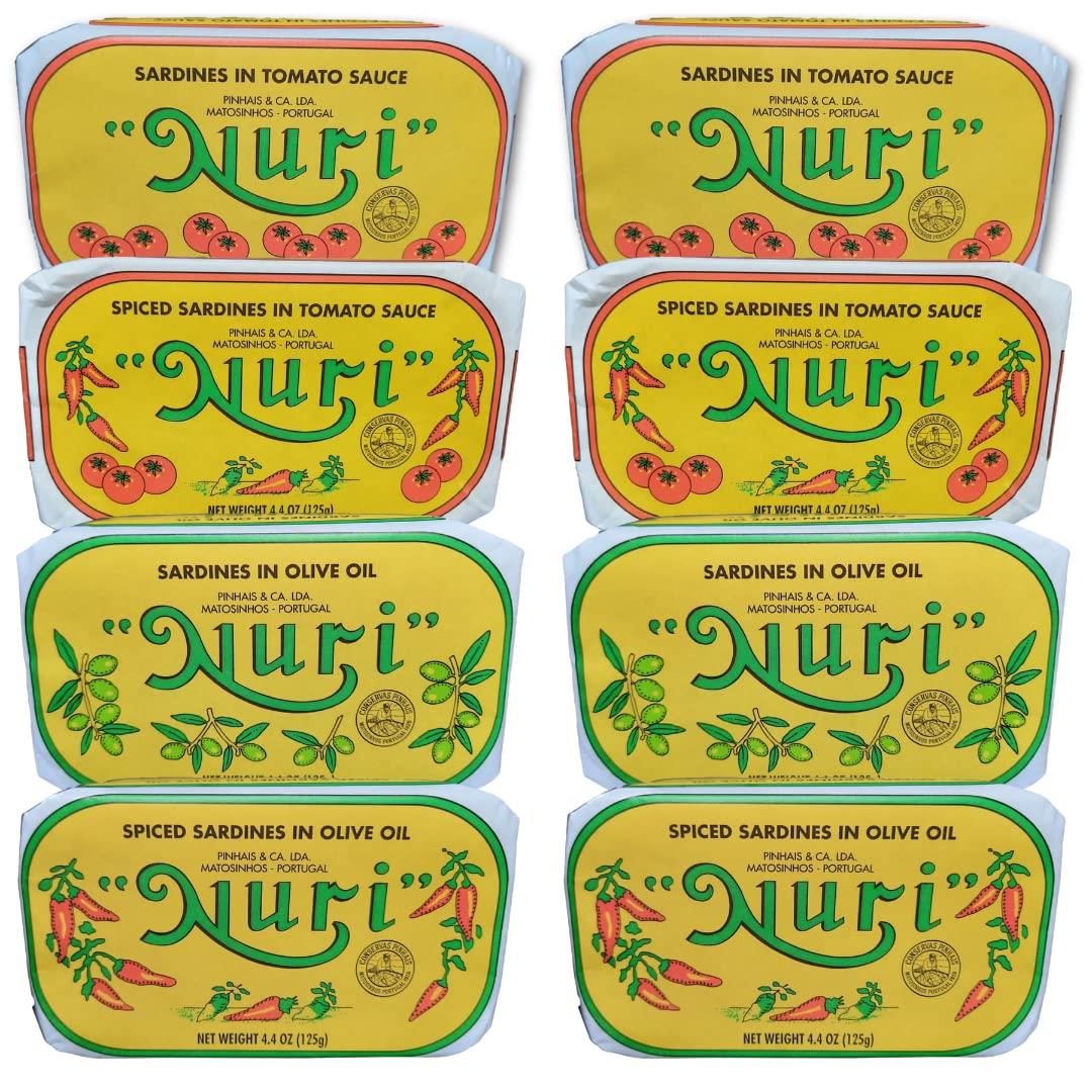 NURI Portuguese Sardines Variety Pack | 8 Pack Gift Box Bundle By Seafood Aficionado | Two of Each | Pure Olive Oil, Spiced Pure Olive Oil, Tomato and Olive Oil AND Spiced Tomato and Olive Oil