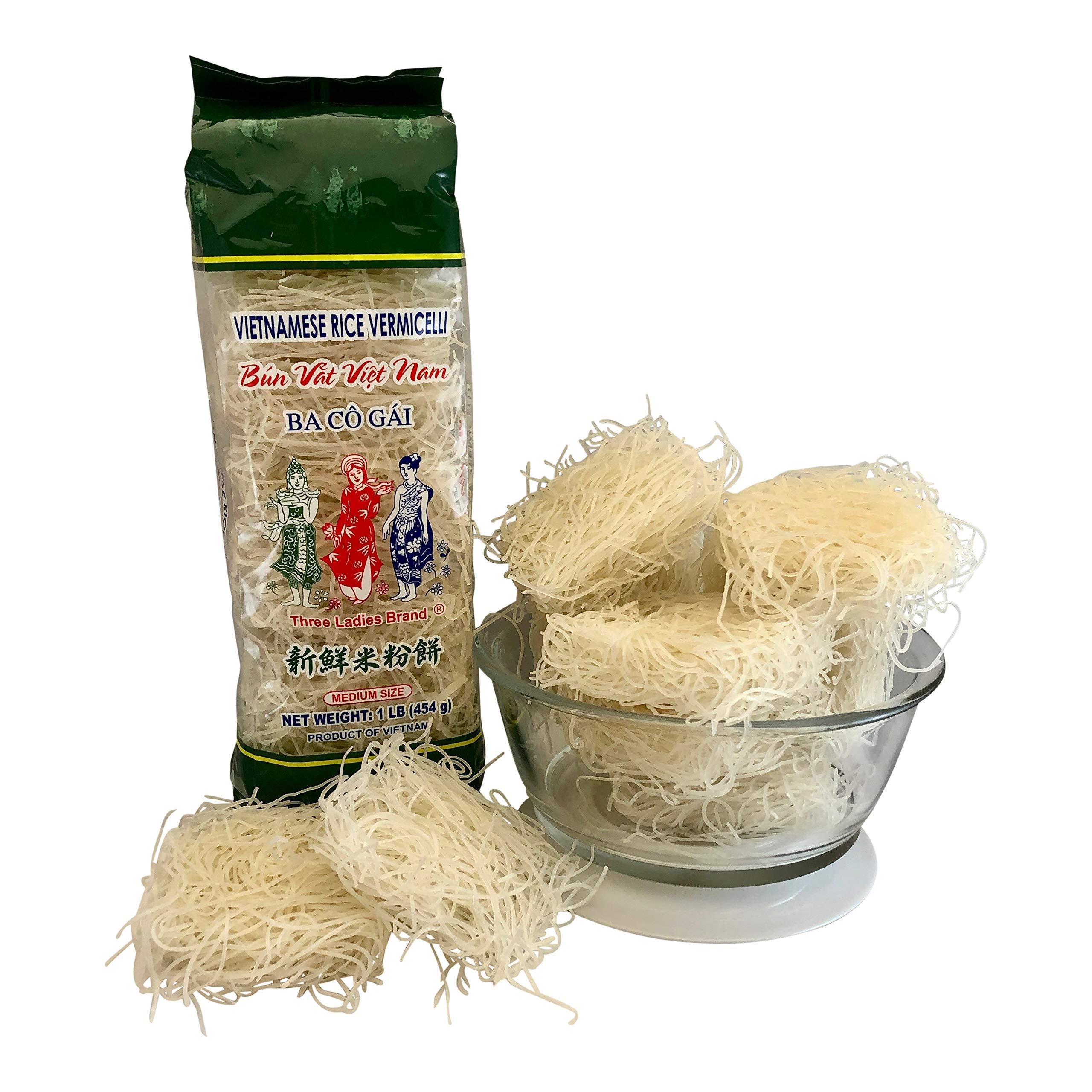 Three Ladies Brand Vietnamese Rice Vermicelli, Medium Size Noodles, 1 Pound Bag, [Pack of 2]
