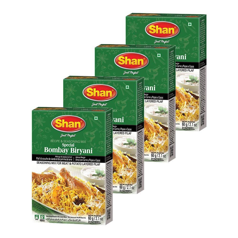Shan Bombay Biryani Recipe and Seasoning Mix 2.11 oz (60g), Spice Powder for Meat and Potato Layered Pilaf, Airtight Bag in a Box (Pack of 4)