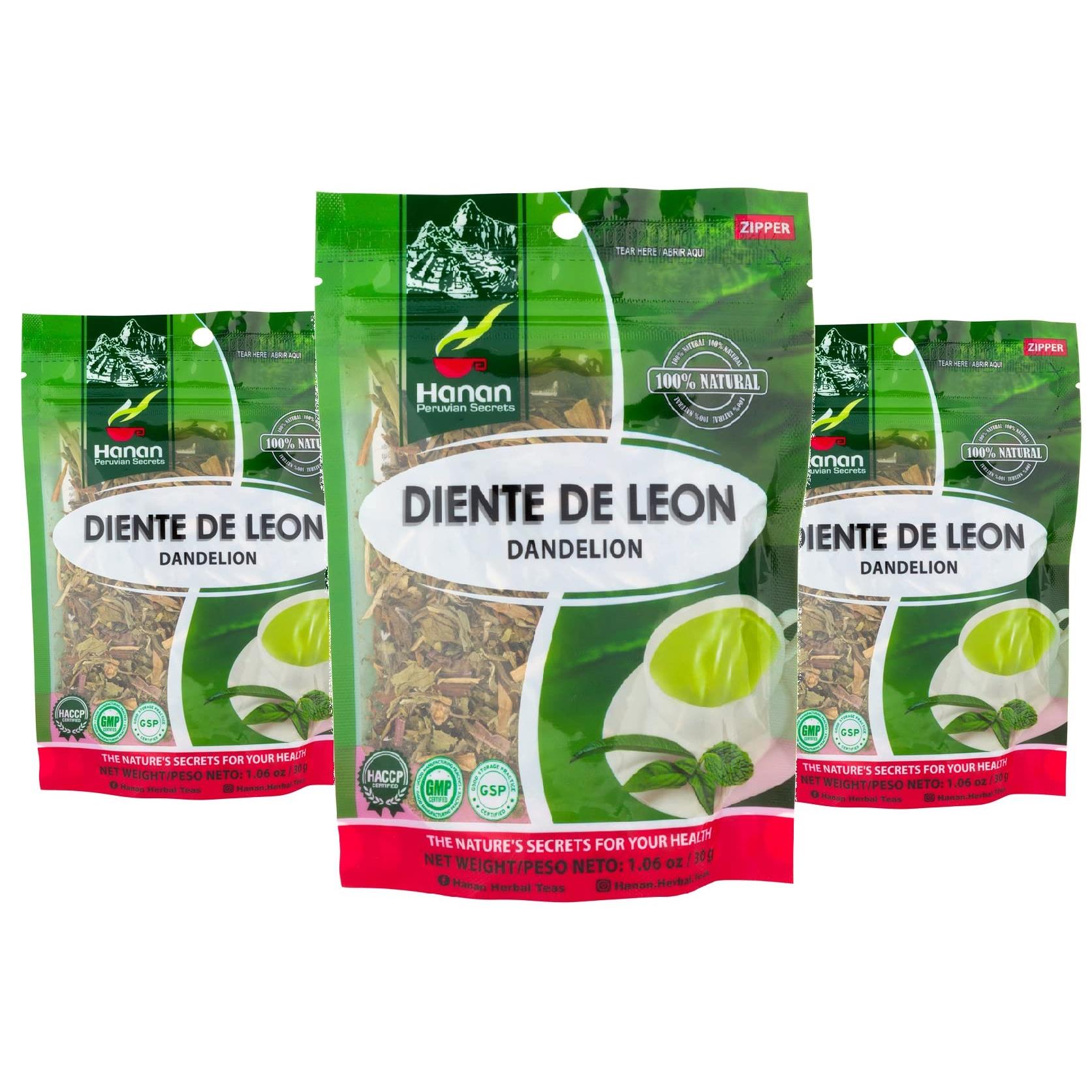 Hanan Dandelion Loose Herb Tea 3.2oz (90g Diente de Leon) - Pack of 3 Pouches with 30 Grams Each of All-Natural Dandelion Root Flower Plant Leaves from Peru