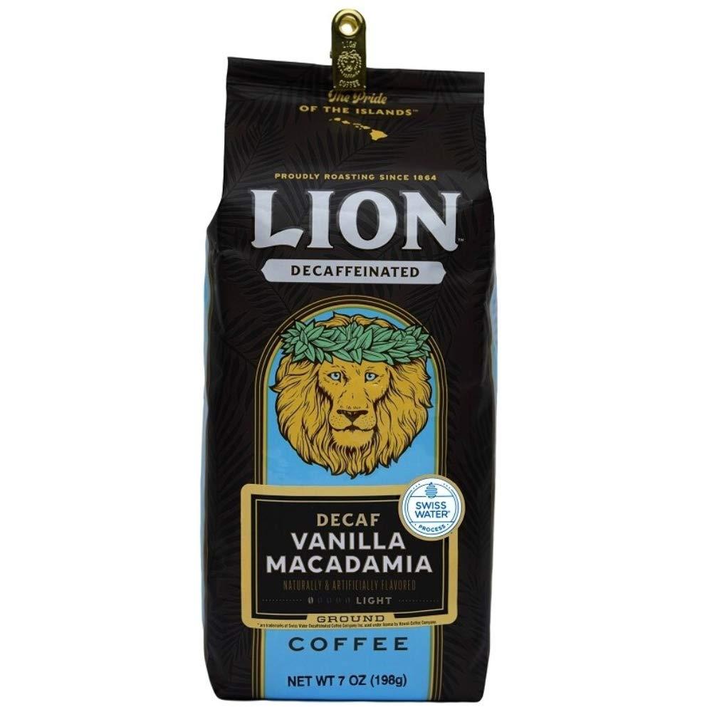 Lion Coffee, Swiss Water DECAF, Vanilla Macadamia Flavor, Light Roast, Ground, 10 Ounce Bag