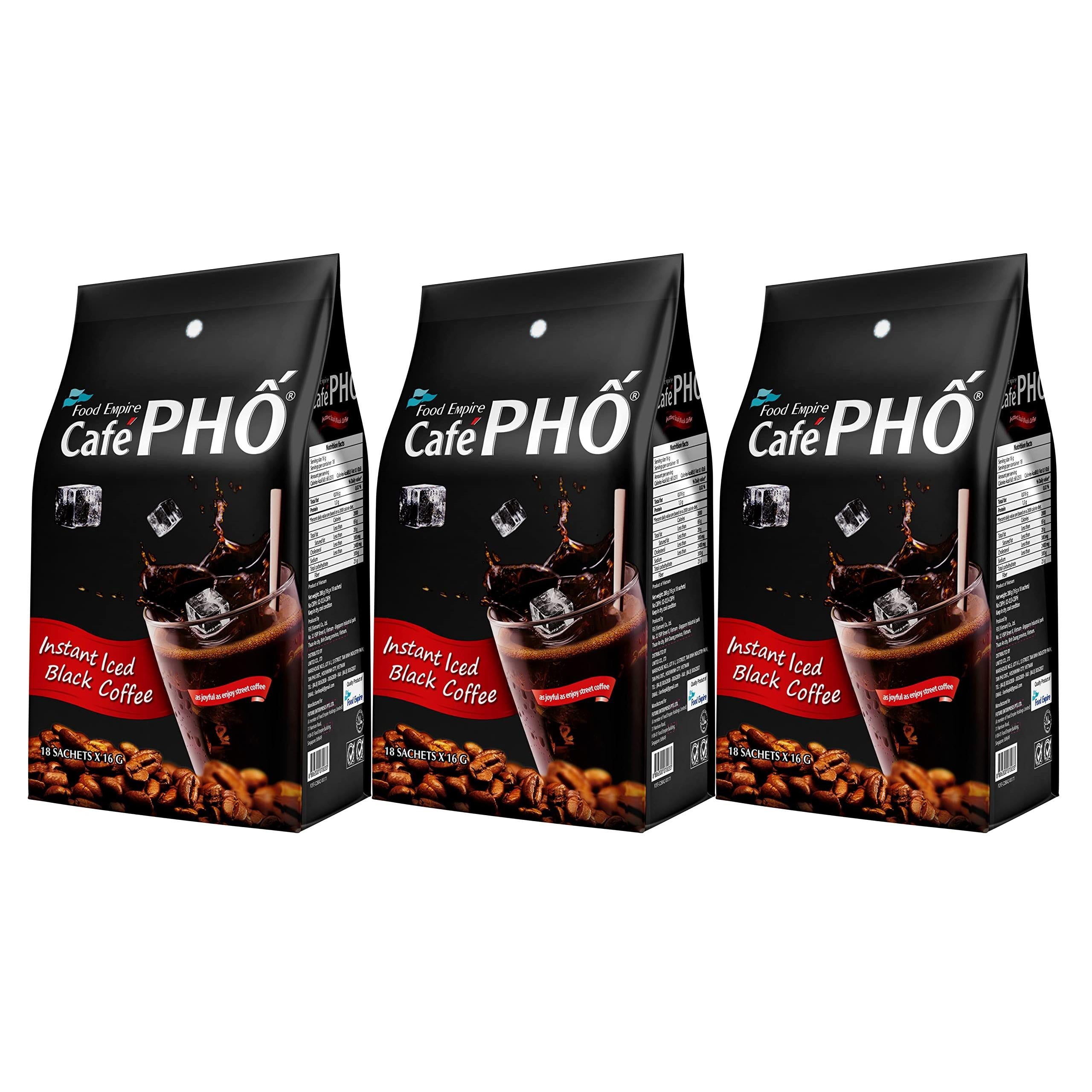 Cafe Pho Vietnamese Instant Coffee Mix, Iced Black Coffee, Cafe Den Da, Single Serve Coffee Packets, Bag of 18 Sachets, Pack of 3