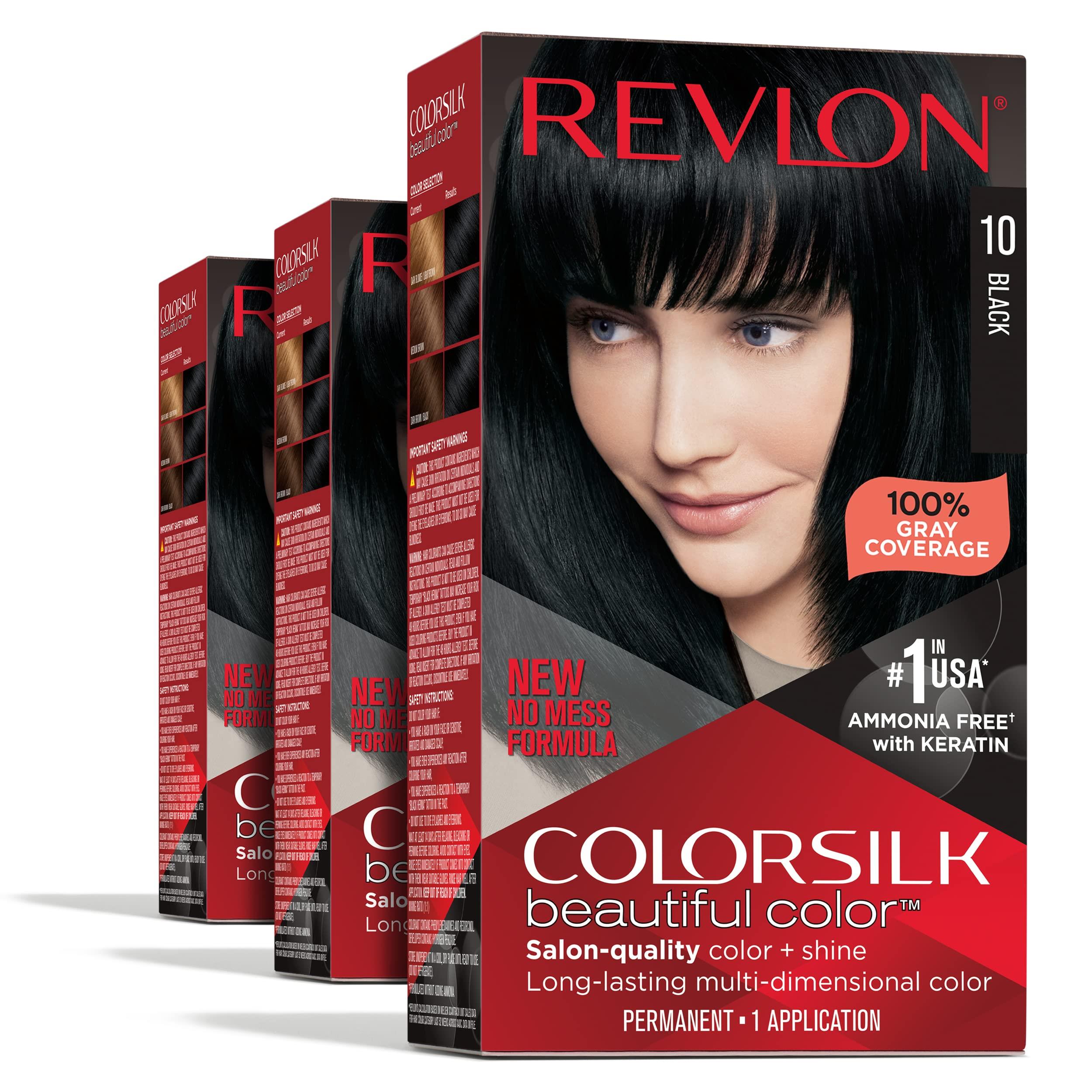 Permanent Hair Color by Revlon, Permanent Hair Dye, Colorsilk with 100% Gray Coverage, Ammonia-Free, Keratin and Amino Acids, 10 Black, 4.4 Oz (Pack of 3)