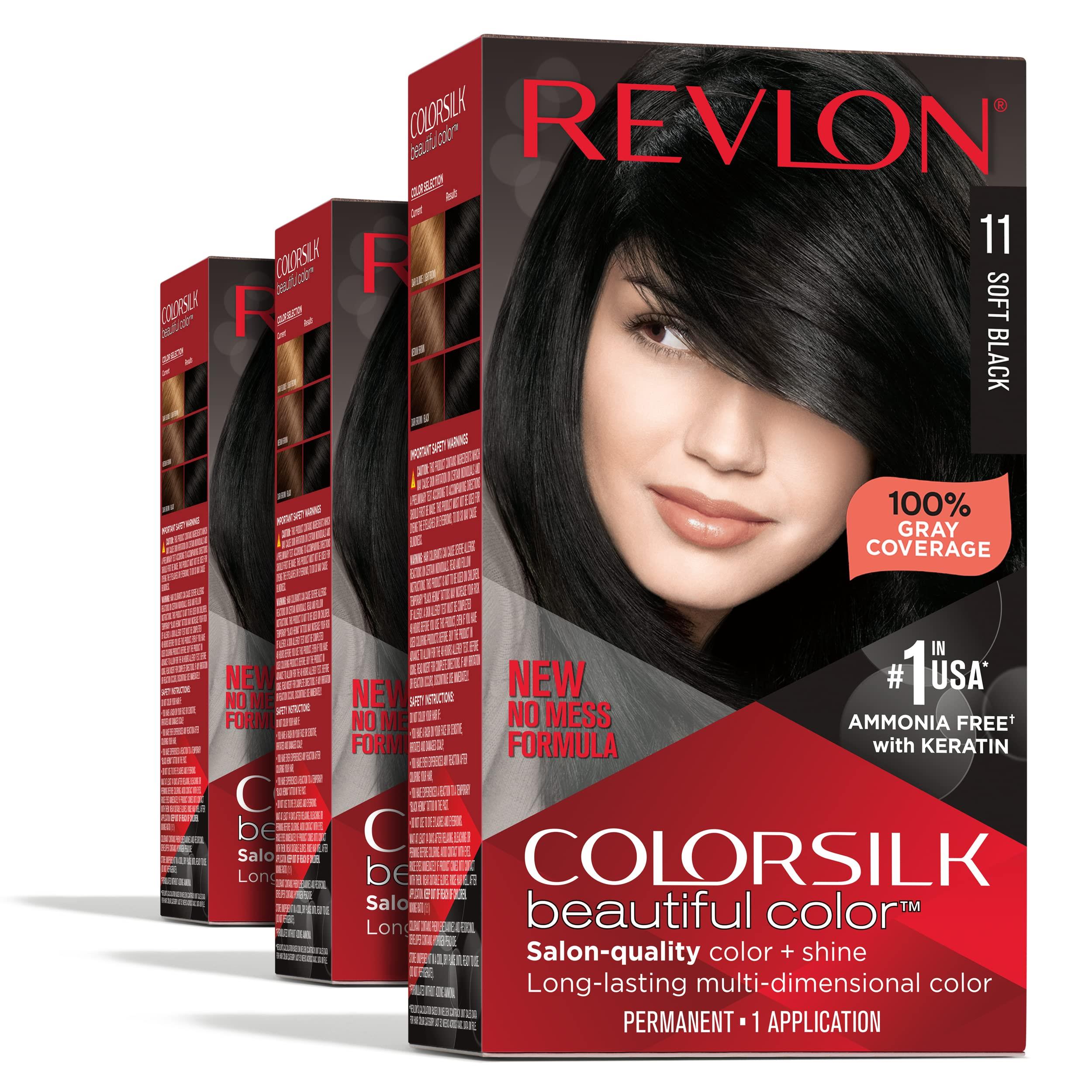 Permanent Hair Color by Revlon, Permanent Hair Dye, Colorsilk with 100% Gray Coverage, Ammonia-Free, Keratin and Amino Acids, 11 Soft Black, 4.4 Oz (Pack of 3)
