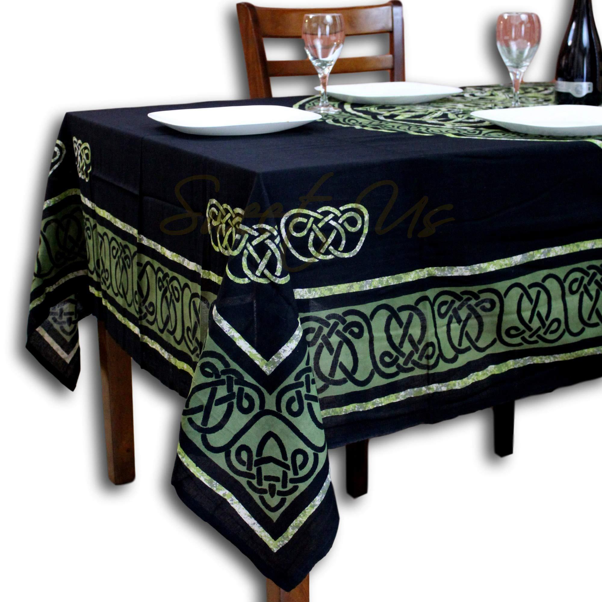 India Arts Celtic Circular Knot Print Cotton Tablecloth Rectangle 70x104 inches Black Green