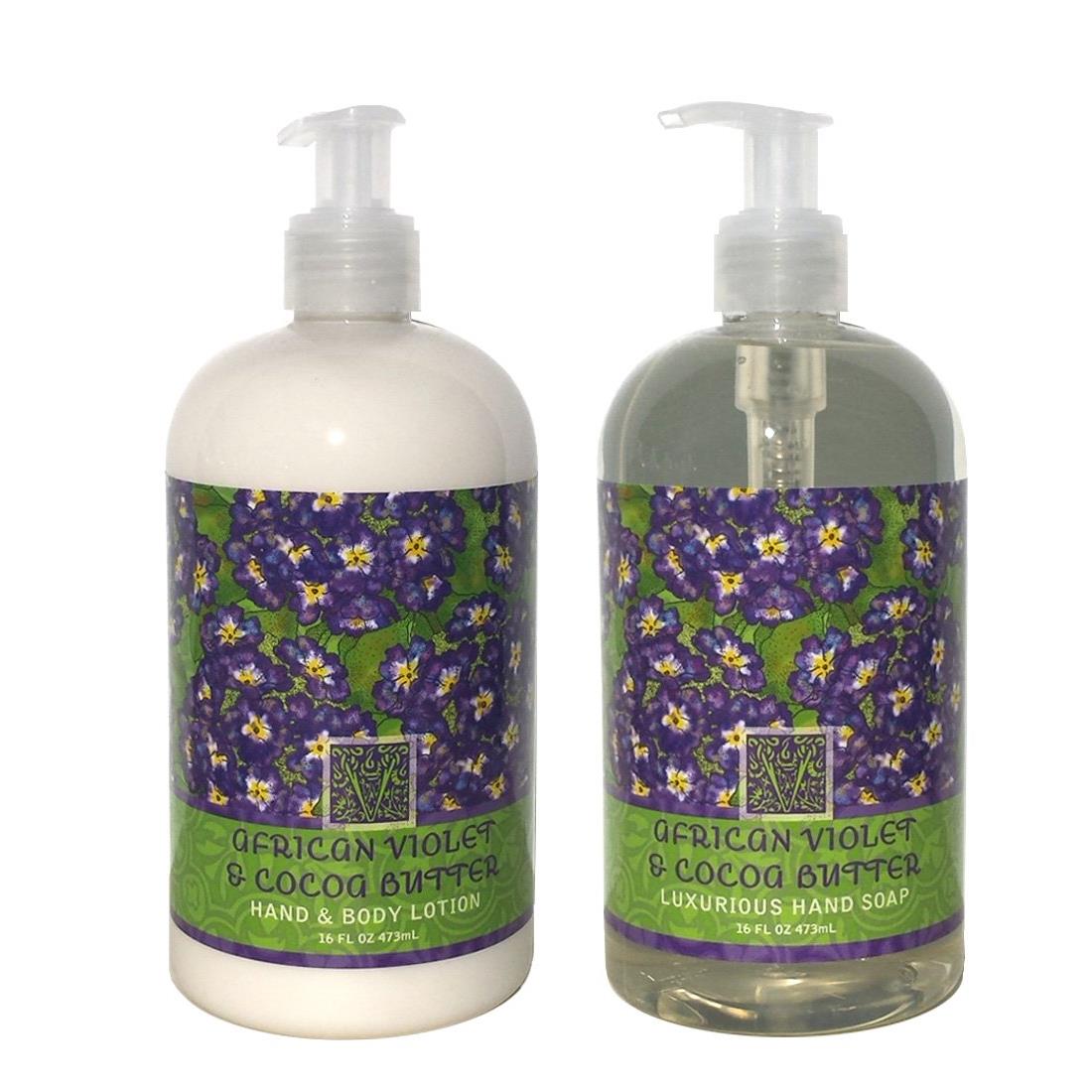 Greenwich Bay AFRICAN VIOLET COCOA BUTTER Hand & Body Lotion and Hand Soap Duo Set Enriched With Shea Butter 16 oz ea.