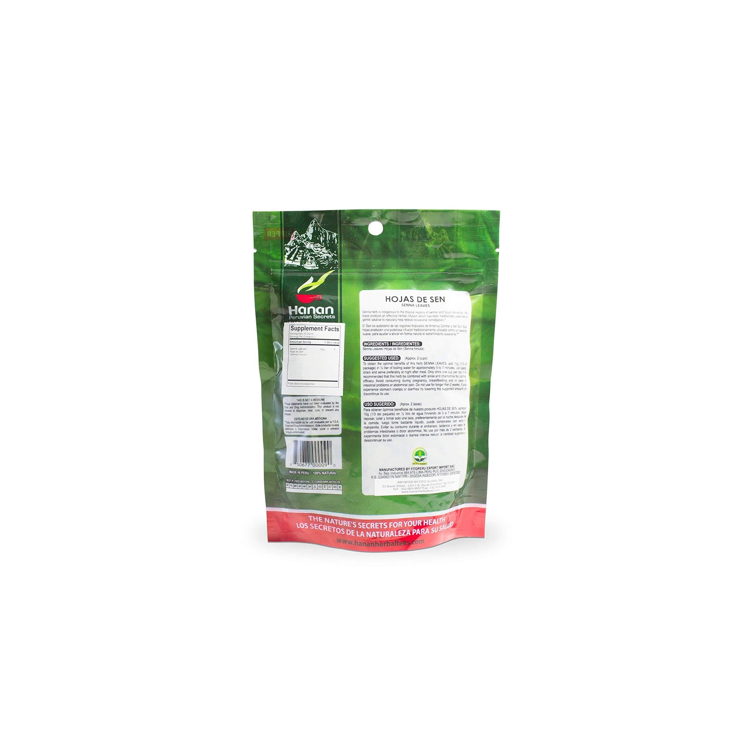 Hanan Peruvian Secrets Hojas de Sen Herbal Tea | 100% Natural Senna Leaves | 1.06oz / 30g | Naturally Aids in Gently Relieving Occasional Constipation and Bloating