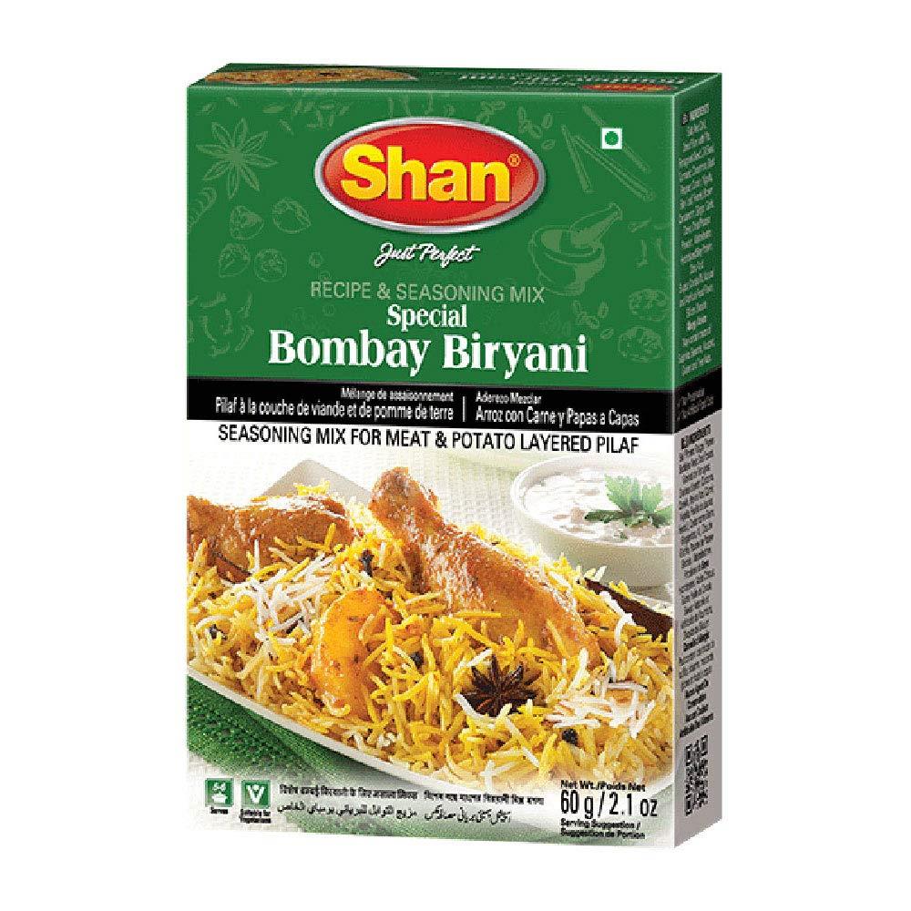 Shan Bombay Biryani Recipe and Seasoning Mix 2.11 oz (60g), Spice Powder for Meat and Potato Layered Pilaf, Suitable for Vegetarians, Airtight Bag