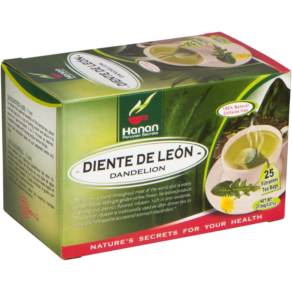Hanan Dandelion Tea (Diente de Leon) - 25 Tea Bags of All-Natural Dandelion Leaves and Root from Peru, Detox Tea for Digestive Comfort