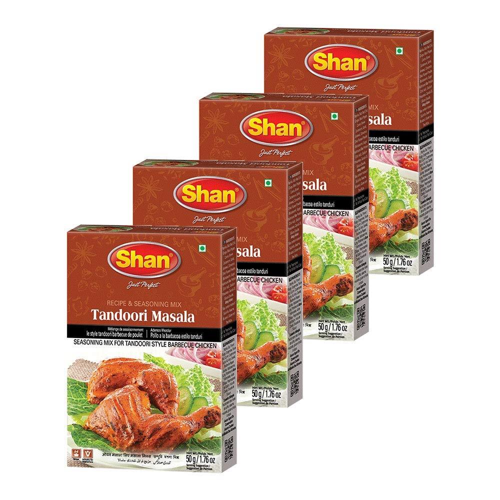 Shan Tandoori Recipe and Seasoning Mix 1.76 oz (50g), Spice Powder for Tandoori Style Barbecue Chicken, Airtight Bag in a Box (Pack of 4)